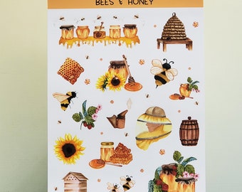 Bees & Honey Sticker Sheet, Bee Stickers, Honey Stickers, Bee Hive, Journal Stickers, Planner Stickers, Scrapbook stickers