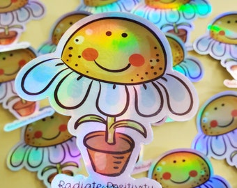 HOLOGRAPHIC Radiate Positivity Daisy Sticker, Holographic Sticker, Holographic Daisy Sticker, Positivity Decal, Vinyl Sticker, Hydroflask