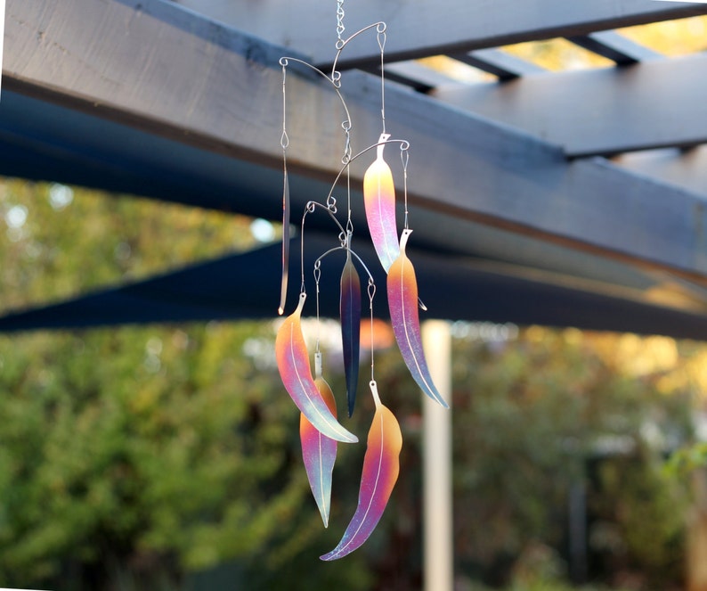 Metal Wind Chimes Stainless Steel Rainbow Coloured Decorative Eucalypt Leaf image 1