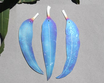 Stainless steel blue colourful decorative eucalypt leaf 3 piece set