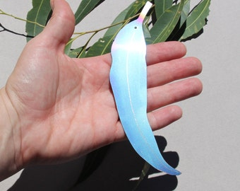 Stainless steel blue colourful decorative eucalypt leaf / gift bookmark wind chime