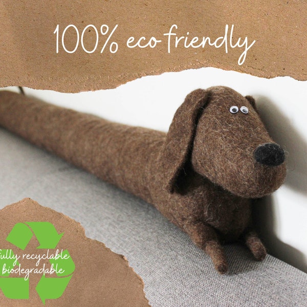 100% Eco friendly felted monochrome dog draught excluder / draft stopper - sausage dog, dachshund - fully recyclable, biodegradable