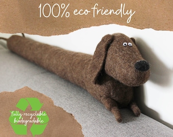 100% Eco friendly felted monochrome dog draught excluder / draft stopper - sausage dog, dachshund - fully recyclable, biodegradable