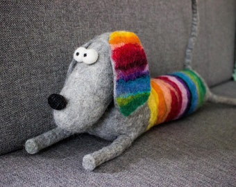 PROUD the mini dog - 100% Eco friendly felted rainbow dog home decor / draught excluder / draft stopper - sausage dog, dachshund
