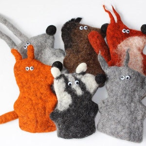 Felted finger puppets - set of 6 - woodland (bunny, fox, wolf, squirrel, hedgehog, badger)
