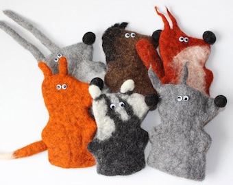 Felted finger puppets - set of 6 - woodland (bunny, fox, wolf, squirrel, hedgehog, badger)