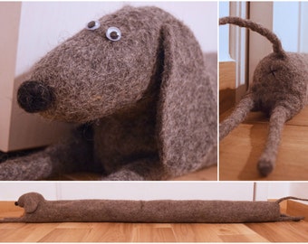 Felted monochrome dog draught excluder / draft dodger / window / door draft stopper - sausage dog, dachshund