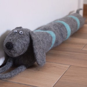 Felted striped dog draught excluder / draft dodger / window / door draft stopper sausage dog, dachshund image 3