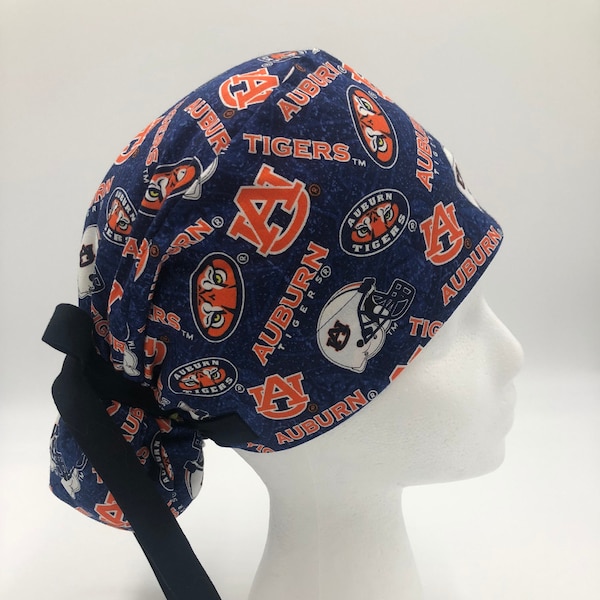 AU,Auburn Tigers,Ponytail Scrub Hat for Women,Surgical Caps,Elastic & Tie back for Great Fit,Fabric or Ribbon Ties