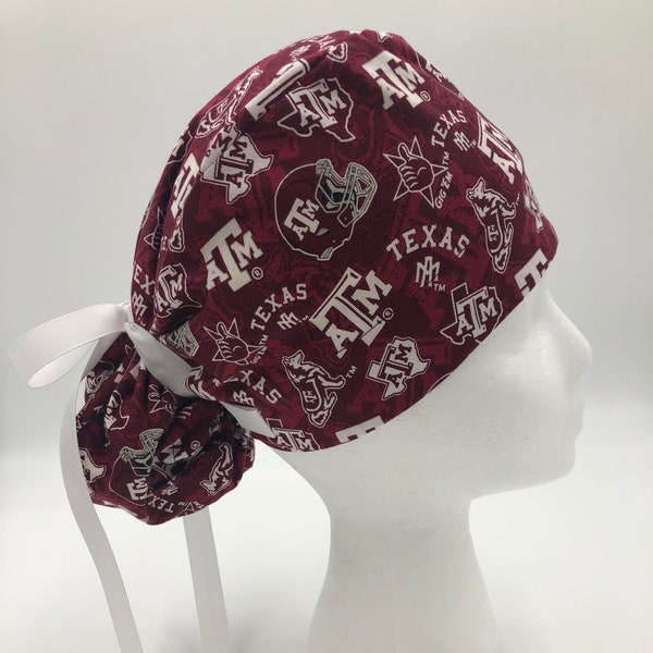 Texas A&M Aggie,Made with Licensed Fabric, Ponytail Scrub Hat for Women,Elastic and Tie back for Great Fit,Fabric or Ribbon Ties