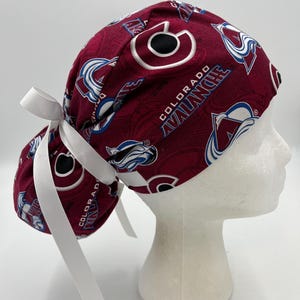 Colorado Avalanche, Made with Licensed Fabric,Ponytail or Unisex Style Scrub Hat for Women or Men,Elastic & Tie back