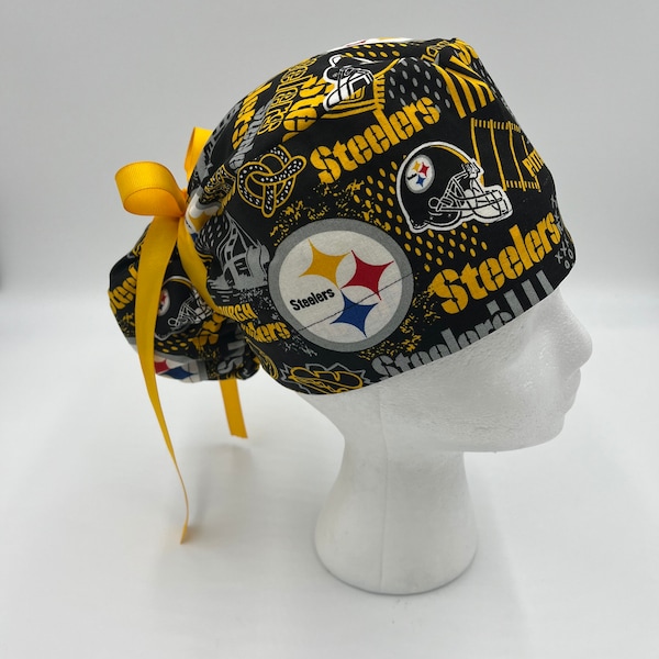 Pittsburgh Steelers,Ponytail Scrub Hat for Women,Surgical Caps,Elastic & Tie back for Great Fit,Fabric or Ribbon Ties