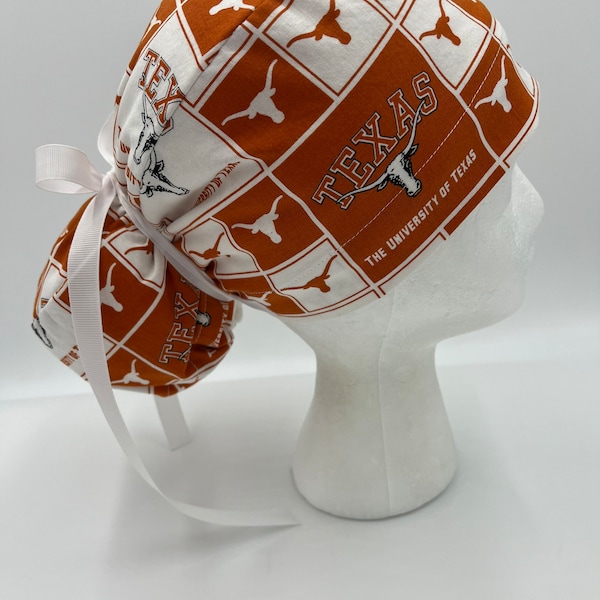 University of Texas, UT Block, Ponytail Scrub Hat for Women,Surgical Caps,Elastic and Tie back for Great Fit,Choice of Tie Color