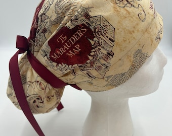 HP3 Marauders Map,Made with Licensed Fabric,Ponytail Scrub Hat for Women,Surgical Caps,Elastic and Tie back for Great Fit,Choice of Ties