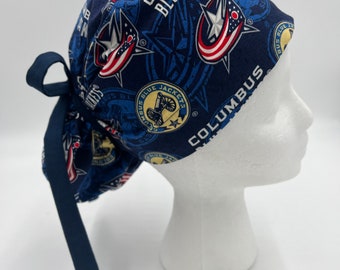 Columbus Blue Jackets, Ponytail Scrub Hat for Women,Surgical Caps,Elastic and Tie back for Great Fit,Choice of Tie Color