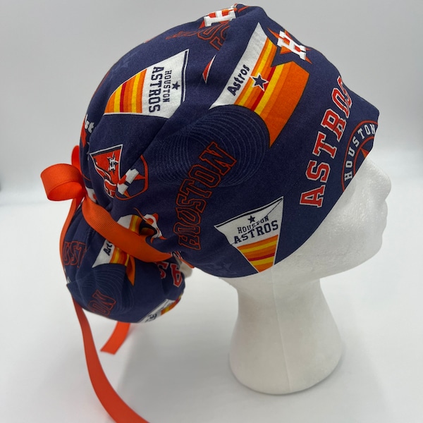 Houston Astros,Made with Licensed Fabric,Ponytail or Unisex Style Scrub Hat for Women or Men,Elastic & Tie back,Choice of Tie Color