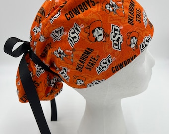 OSU,Oklahoma State University Cowboys,Ponytail Scrub Hat for Women,Surgical Caps,Elastic & Tie back for Great Fit,Choice of Ties