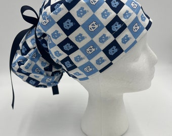 UNC Tarheels Block,Ponytail Scrub Hat for Women,Surgical Caps,Elastic & Tie back for Great Fit,Choice of Ties