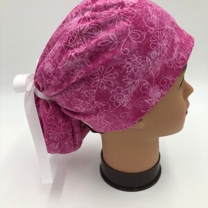 Pink Floral & Butterflies, Ponytail Scrub Hat for Women,Surgical Caps,Elastic and Tie back for Great Fit,Ribbon Ties