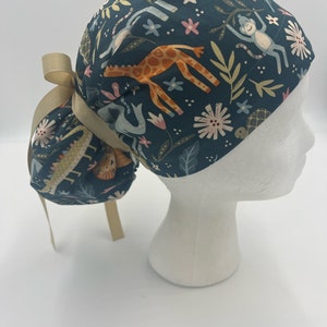 Wildlife, Ponytail Scrub Hat for Women,Surgical Caps,Elastic and Tie back for Great Fit,Kahki Ribbon Ties