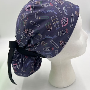 Anesthesia Outlines, Custom Fabric, Ponytail Scrub Hat for Women,Surgical Caps,Elastic and Tie back for Great Fit,Choice of Ties