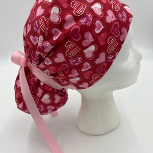 Patterned Hearts on Pink or Red Glitter Background,Ponytail Scrub Hat for Women,Surgical Caps,Elastic and Tie back for Great Fit