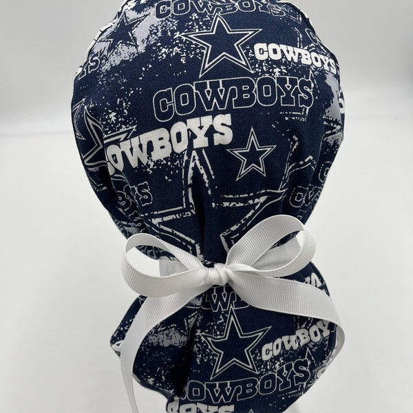 Dallas Cowboys,Ponytail Scrub Hat for Women,Surgical Caps,Elastic & Tie back for Great Fit,Fabric or Ribbon Ties