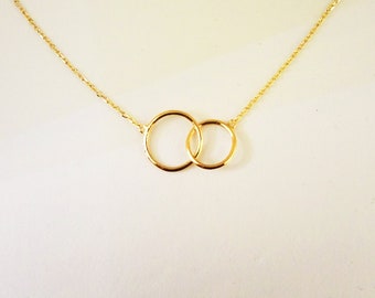 14k Solid Gold Circle Necklace, Infinity Love necklace with circle pendant, dangling rings, You and Me, Mother and Daughter