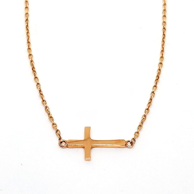 14k Solid Gold Sideways Cross Necklace Women, Small Cross Necklace