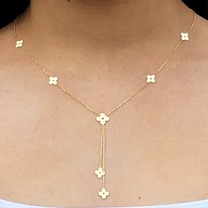 14k Solid Yellow Gold 7 Flower 4 Leaf Lucky Charm Dainty Y Necklace