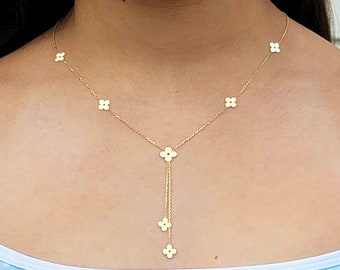14k Solid Yellow Gold 7 Flower 4 Leaf Lucky Charm Dainty Y Necklace
