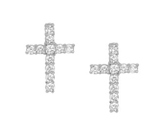 14k White / Yellow Solid Gold Cubic Zirconia Cross Stud Earrings with Screw Back