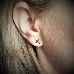 14k Solid Yellow Gold  Cross Minimalist Modern Stud Earrings Push Backs