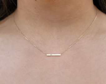 14k Solid Yellow/White Gold Bar Necklace with Single Simulated Diamond, Dainty Bar Necklace - Gold Bar Necklace - Everyday Necklace