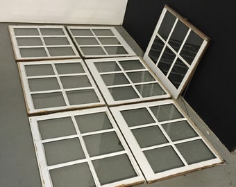 Turn of the Century Architectural Salvage, Vintage 1910 Distressed Sash Windows, Original 6 Lite Wavy Glass, Antique Dark Wood White Paint