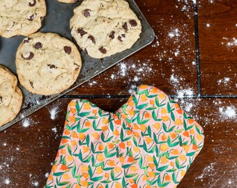 Orange Floral Oven Mitt, custom gift idea, personalized gift, custom oven mitt, kitchen accessory, housewarming gift, women's gift