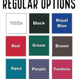 May include: A color chart titled REGULAR OPTIONS featuring nine square swatches labeled White, Black, Royal Blue, Red, Green, Brown, Aqua, Purple, and Fuchsia. Each swatch displays the corresponding color name in white or black text centered within the box.