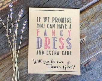 Propuesta de chica flor. Rústico divertido invitación nupcial. Cómo preguntar a Flower Girl, dama de honor. ¡Consigues un vestido elegante y un pastel extra! Regalo de la chica de la flor