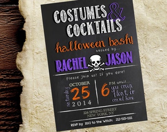 Halloween Invite / Invitation.  Costumes & Cocktails.  Chalkboard.  Adult Halloween Bash. 5x7 customizable.