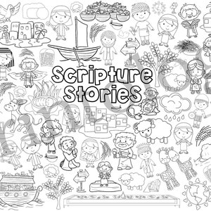 Puede incluir: Una página para colorear en blanco y negro con una variedad de imágenes relacionadas con historias bíblicas. La página incluye imágenes de personas, animales, objetos y escenas de la Biblia. El texto "Scripture Stories" está escrito en letras grandes en la parte superior de la página.