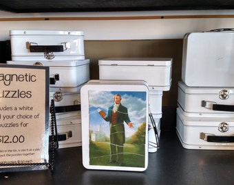 Magnetic Puzzles (your choice of 3) with White Metal Lunchbox Storage & Work Surface