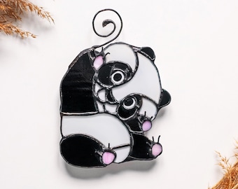 Bear stained glass, Panda suncatcher, Stained glass window hangings