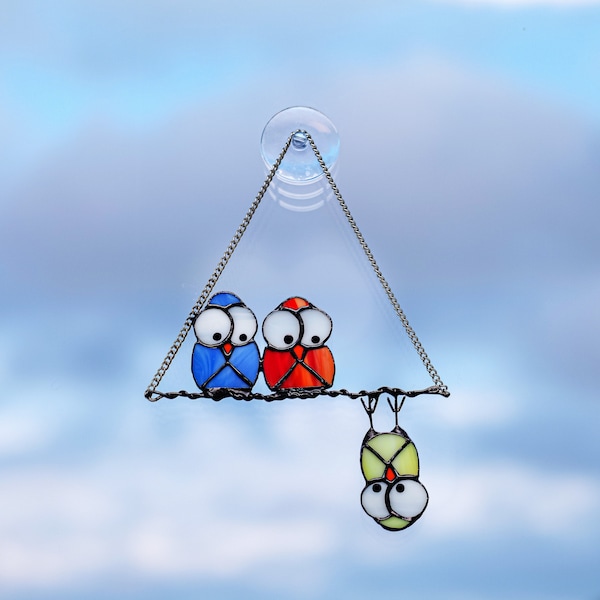 Stained glass birds Owl suncatcher birds on a branch Stained glass window hangings