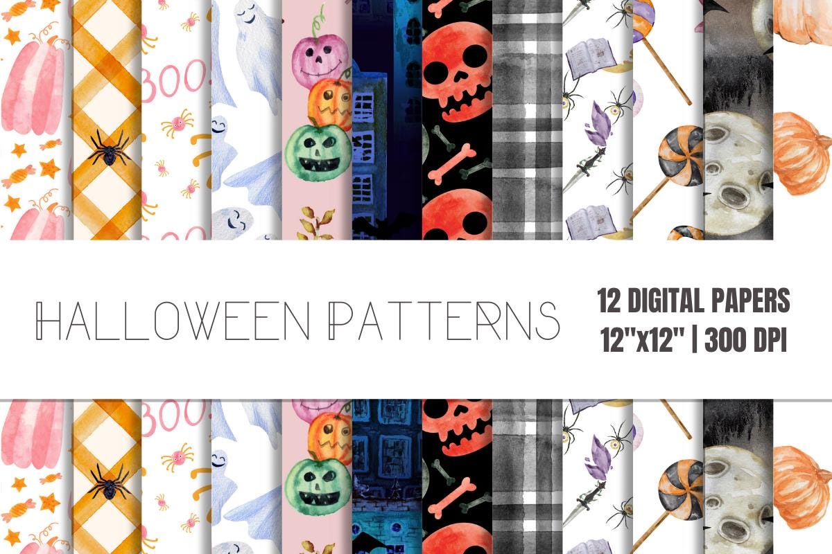 Halloween Patterns Digital Paper | Halloween Watercolor Patterns Paper ...