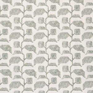 May include: A fabric textile featuring a repeating pattern of dark green stylized floral stems and leaves on a light cream background. The design consists of vertical lines with geometric, angular leaf shapes and circular flower heads.