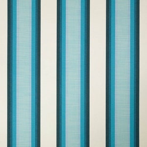 May include: A white fabric with vertical stripes in teal and dark blue.