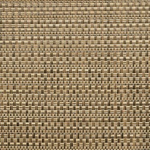 May include: A woven placemat featuring a tight, grid-like pattern of metallic gold and dark brown synthetic fibers. The material displays a consistent, repeating texture with a subtle sheen, creating a structured, uniform surface appearance.
