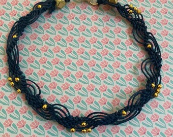 Handmade macrame choker necklace navy or beige  gold tone beads gift unique