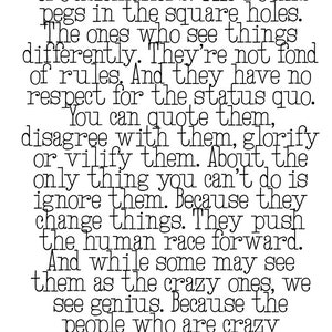 Here's to the Crazy Ones, Think Different, Apple Quote, Steve Jobs, Crazy Ones Quote, Crazy Ones Poem, Change the World, Graduation Gift, image 1