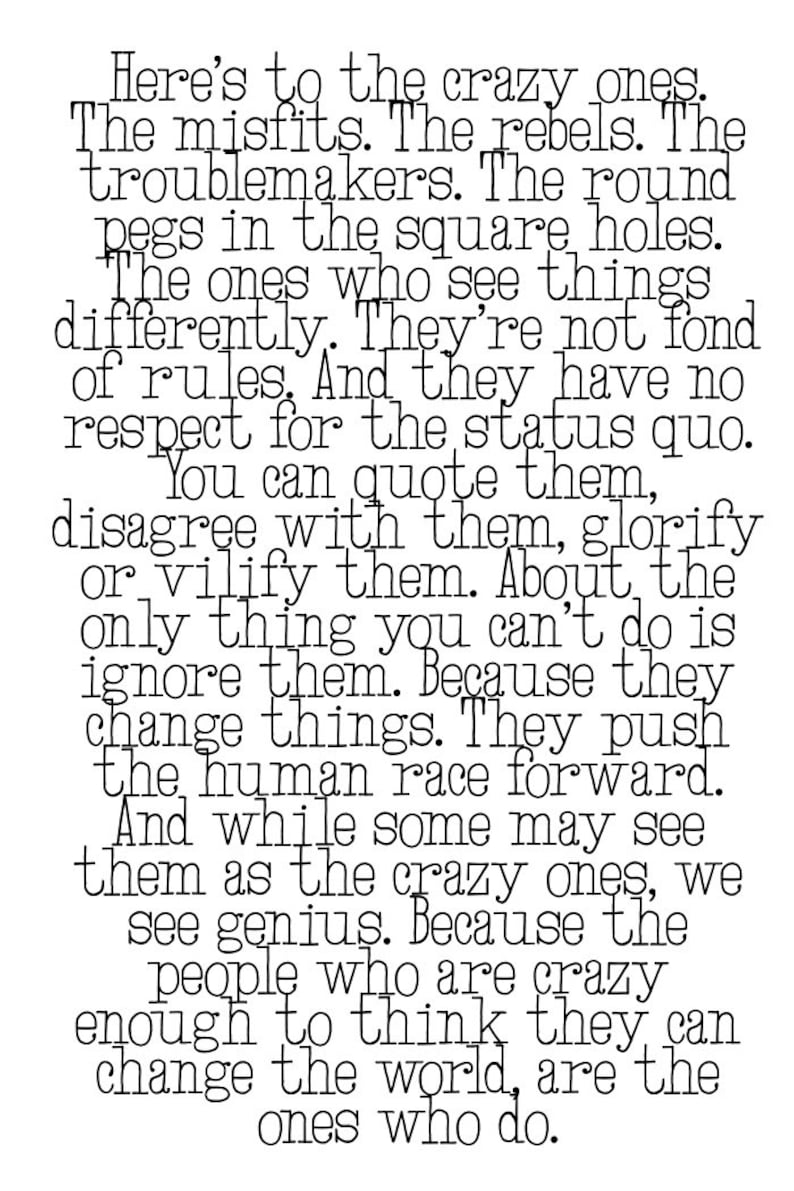 Here's to the Crazy Ones, Think Different, Apple Quote, Steve Jobs, Crazy Ones Quote, Crazy Ones Poem, Change the World, Graduation Gift, image 1